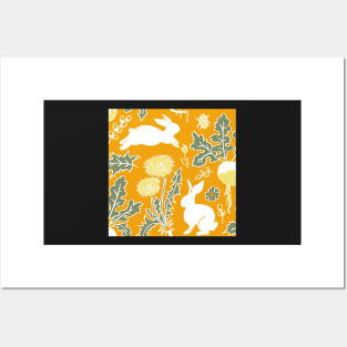 white rabbits in the vegetable garden on marigold background Posters and Art